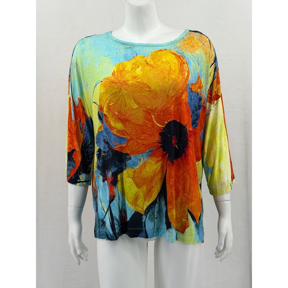 Ali Miles Top Womens Large Orange Blue Floral Artsy 3/4 Sleeve Stretch Summer